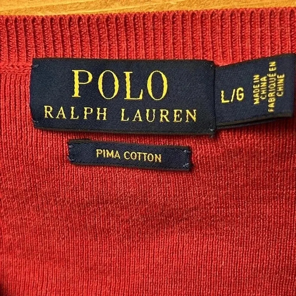 Polo‎ Ralph Lauren Men Red Pima Cotton V-Neck Sweater L LS Embroidered Pony Fall